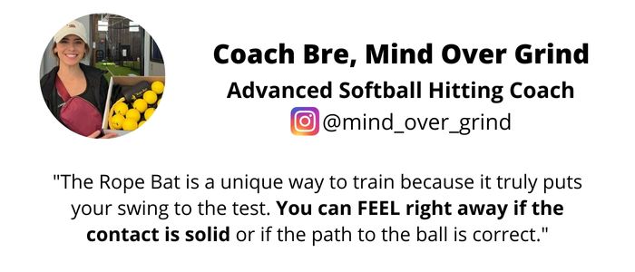 Coach Bre - Softball Hitting Coach recommending the Rope Bat Swing Trainer / Hitting Aid - "The Rope Bat is a unique way to train because it truly puts your swing to the test. You can FEEL right away if the contact is solid or if the path to the ball is correct.”